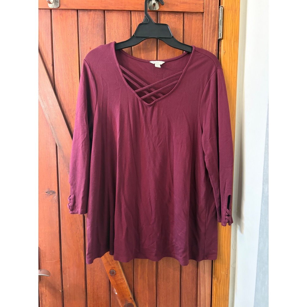 Catherines Est 1946 Womens Burgundy Lattice V-Neck Long Sleeve Top Size L